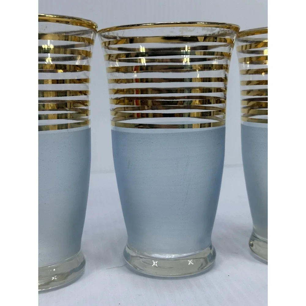 Mid Century Modern MCM Frosted Glass Turquoise Blue Gold Stripe SET 5